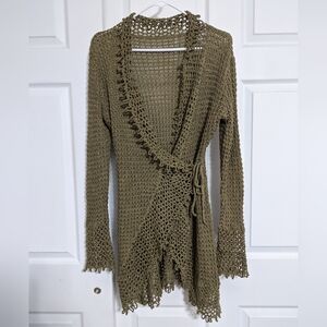 #580 Trendy's Women's Knited Olive Green Open Front Cardigan. Size: Small